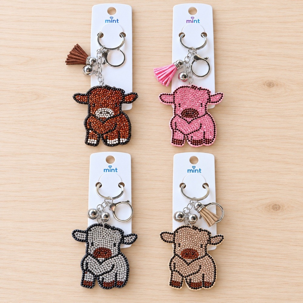 Highland Cow Rhinestone Keychain Set of 4 Sparkly Western Purse Bag Charms
